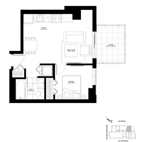 Floor plan for 1 bed, 1 bath, 556 sqft